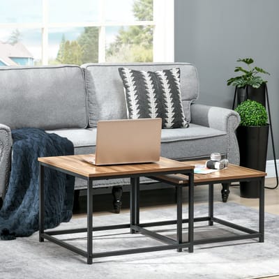 Wishdor Bijzettafel-set (2-delig) houtlook & zwart staal, industrieel design, verstelbare voeten, 60 kg draagkracht