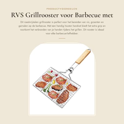 Dailygoods- Grillrooster Duurzaam roestvrij staal - Grillmand - Barbecue - Visgrill - Houten handvat - Lengte 34,5 cm - Gewicht 519 g - Barbecuemand