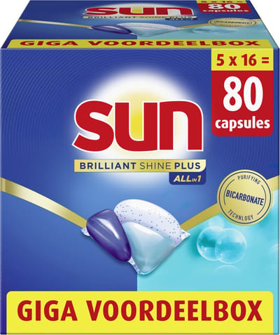 Sun - Vaatwastabletten - Brilliant Shine Plus - All-in 1 - 80 Capsules - Voordeelverpakking
