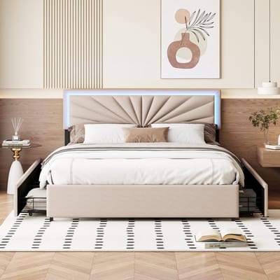 Modern bed 160x200cm gestoffeerd tweepersoonsbedframe met 4 lades en led-verlichting, tweepersoonsbed met opbergruimte voor jongeren en volwassenen, beige linnen stof, zonder matras (splitsen voor 2 pakketten voor verzending)