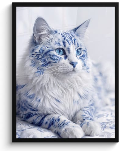 Poster in lijst - Fotolijst 60x80 cm - Posters - Kat - Patroon - Blauw - Posterlijst zwart - Decoratie - Wanddecoratie woonkamer - Muurdecoratie slaapkamer