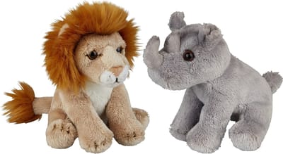 Ravensden - Safari dieren knuffels - 2x stuks - Neushoorn en Leeuw - 15 cm - Dieren knuffels - Cadeau