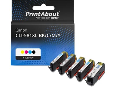 PrintAbout huismerk Inktcartridge CLI-581XL BK/C/M/Y 4-kleuren Multipack Hoge capaciteit Geschikt voor Canon