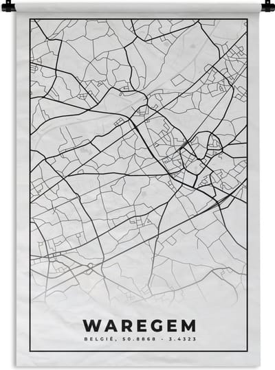 Wandkleed - Wanddoek - Zwart Wit – België – Plattegrond – Stadskaart – Kaart – Waregem - 120x180 cm - Wandtapijt