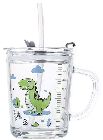 Drinkbeker, ontbijtbeker, melkbeker, beker inclusief rietje en rietjesborstel, met deksel voor meerdere gebruiksmogelijkheden (groene dinosaurus A)