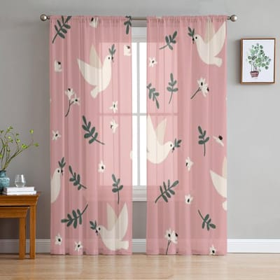 Duiven Bloemen Bladeren Tule Transparante Raamgordijnen Voor Woonkamer De Slaapkamer Moderne Chiffon Voile Organza Gordijnen Decor Gordijnen 135W x 114H(cm) gray