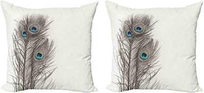 ABAKUHAUS Decoratieve kussenhoes met pauwenmotief, 2 stuks, exotische vogelver 50x50 cm, wit, taupe en blauw