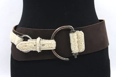 Dames heupriem bruin suede en schaap bont - 9 cm breed - Leer - Brede riem - Casual - Maat 90