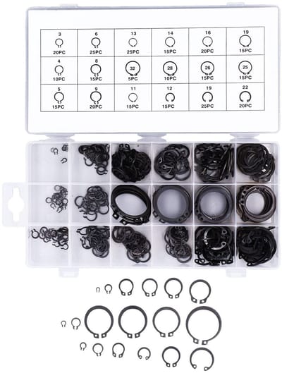 Dailygoods- Borgringset 300-delig - Externe Borgringen - Assortimentskit - Rubber/Gelegeerd Staal - Transparante Opbergkoffer - Verschillende Maten - C-clip