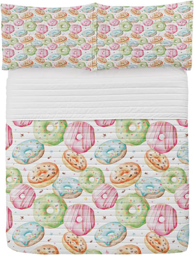 ABAKUHAUS kleurrijke microvezel bedspreiset, donutthema handgetekend, zacht beddengoed met kussenslopen en quilt, 264 cm x 220 cm, lichtroze groen
