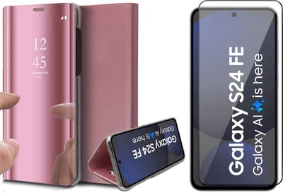 Hoesje geschikt voor Samsung Galaxy S24 FE - Screenprotector Volledig Dekkend Glas - Spiegel Book Case Rosegoud