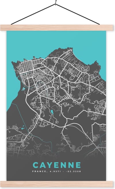 Posterhanger incl. Poster 40x60 cm - Schoolplaat - Frankrijk - Plattegrond - Kaart - Stadskaart - Cayenne - Textielposter - Blanke latten - Stadskaart