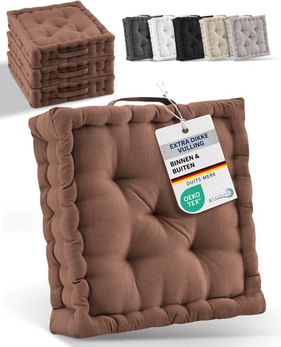 Beautissu Zitkussen Set van 4 Matraskussen 40x40x8 cm - vloerkussen met praktische draaggreep - kussen bruin - Mila