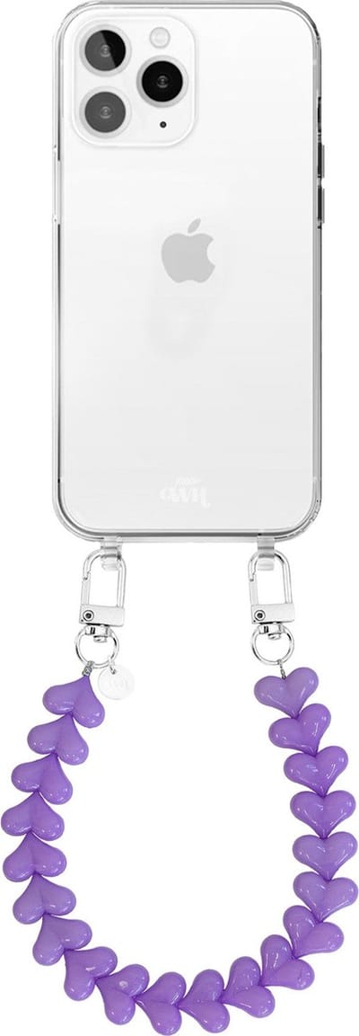 xoxo Wildhearts siliconen hoesje - Geschikt voor iPhone 12 Pro Max hoesje - Funky Hearts - Telefoonhoesje - Hoesje met koord - Paars koord - kort telefoonkoord - Hartjes ketting - Transparant hoesje