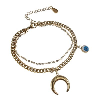 Gelaagde Armband Dames - Verguld RVS - Dubbele Armband met Halve Maan en Turks Oog – Verstelbaar 15cm tot 19cm