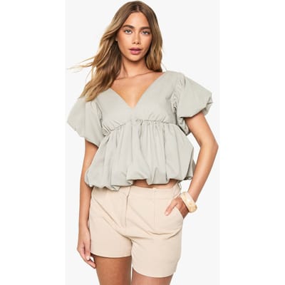 boohoo Dames Poplin Pofbal Top | Sage | Maat: 6