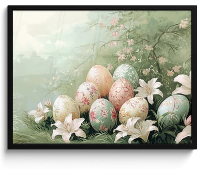 Poster in lijst - Fotolijst 70x50 cm - Posters - Paaseieren - Pasteltinten - Bloemen - Posterlijst zwart - Decoratie - Wanddecoratie woonkamer - Muurdecoratie slaapkamer