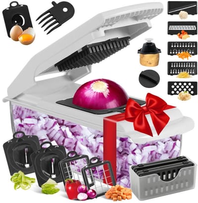 GELLDG 4-in-1 Groentesnijder - Multifunctionele Spiraliseer Snijmachine - 32x11x11cm - Stevig en Veelzijdig voor Kubus, Frieten, Plakjes - Geschikt voor Uien, Wortelen, Komkommers, Tomaat en Aardappelen - Kunststof