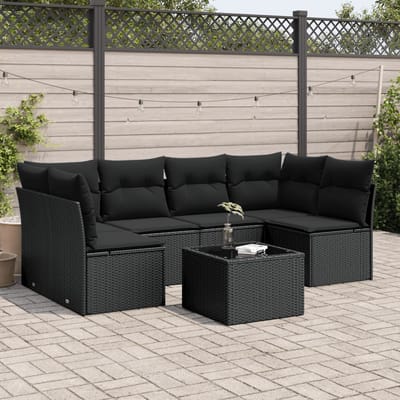 vidaXL - 7-delige - Loungeset - met - kussens - poly - rattan - zwart