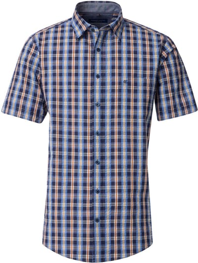 CASA MODA Sport comfort fit overhemd - korte mouw - seersucker - blauw met geel - oranje en wit geruit - Strijkvriendelijk - Boordmaat: 39 - 40
