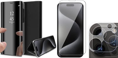 Hoesje geschikt voor iPhone 15 Pro - Screenprotector GlassGuard & Camera Lens Screen Protector - Book Case Spiegel Zwart