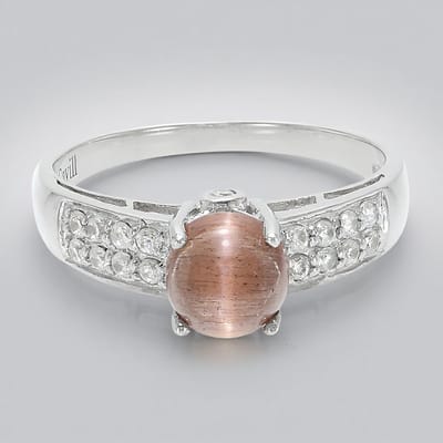 Cavill - Zilveren Ring met Kattenoog Scapoliet 7 mm en Cambodjaanse Zirkonen 1,61 ct - Platina Verguld - Modern en Elegant - Dames Sieraad
