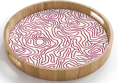 Dienblad rond 40x40 cm - Schootdienblad hout - Kronkelende lijn - Magenta - Crème - Borrelplank rechthoek - Plateau houten dienbladen