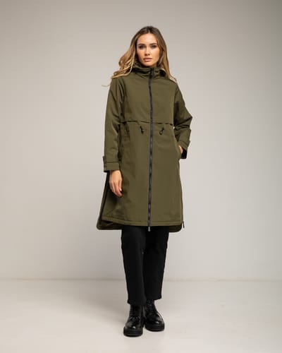 Lange trenchcoat met capuchon, ritssluiting, ritsdetails aan de zijkanten en een verstelbare taille