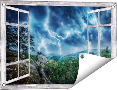 Gards Tuinposter Doorkijk Onweer in het Bos - Bliksem - 60x40 cm - Tuindoek - Tuindecoratie - Wanddecoratie buiten - Tuinschilderij