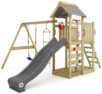 Wickey MultiFlyer Speeltoestel - Schommel en Touwladder met Glijbaan - Klimwand & Zandbak - 288x429x263 cm - Grijs