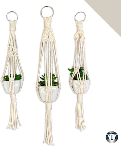MINI Plantenhangers | Beige | 100% Katoen | 3 stuks | Plantenpot Ophangen | 38 cm | Mini | Plantenhangers Macramé | Macramé Koord | Binnen & Buiten | TheOldOmen |