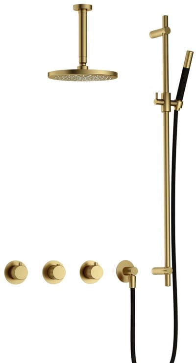 Hotbath Cobber X IBSX70 inbouw regendoucheset met staafhanddouche aan glijstang en 20cm ronde hoofddouche aan 15cm plafondarm geborsteld messing PVD