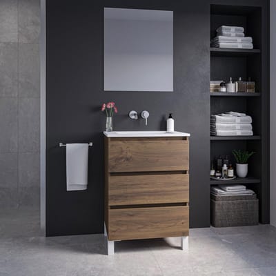 Saniclass Chaci PLUS Badkamermeubelset - 60x86x46cm - keramische wastafel wit - 1 wasbak - zonder kraangaten - 3 lades - rechthoekige spiegel - noten