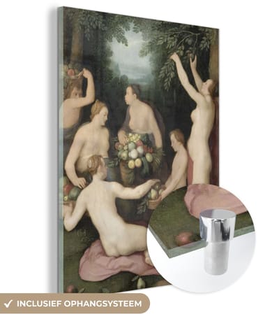 ® Glasschilderij 120x160 cm - Schilderij acrylglas - Pomona ontvangt de fruitoogst - Schilderij van Cornelis Cornelisz. van Haarlem - Foto op glas - Muurdecoratie woonkamer - Wanddecoratie slaapkamer - Schilderijen