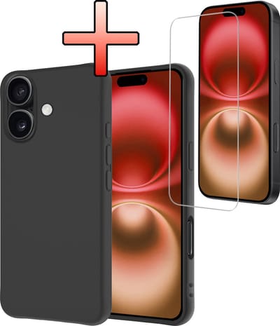 Hoesje - Met Screenprotector - Geschikt voor Apple iPhone 16 - Sterk & Shockproof - Back Cover - Siliconen Case - Telefoon Hoes - Zwart