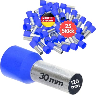 25 stuks Kalitec AE12030BL adereindhulzen geïsoleerd 120mm² 30mm lang blauw I Made in Germany I Industriële kwaliteit