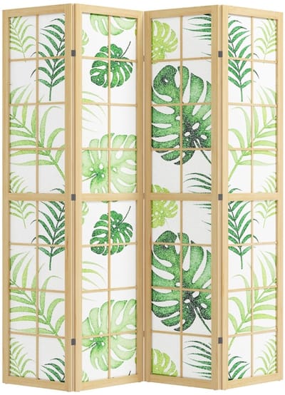 Kamerscherm 4 panelen - Vrijstaande scheidingswand - Houten ruimteverdeler - Boho stijl - Tropisch motief - Woonkamer - 160x170 cm - Groen