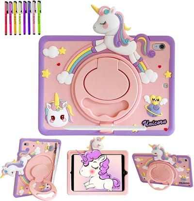 SnelShoppen - iPad Case A16 11th/10th Gen 2025/2022, Shockproof Silicon, Unicorn Design, 360° Rotatable Handle Stand met Pencil Holder
