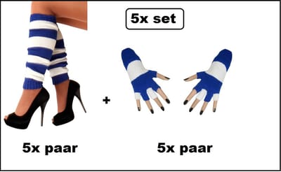 5x Paar beenwarmers + 5x paar vingerloze handschoenen blauw/wit - Optocht carnaval thema feest fun festival