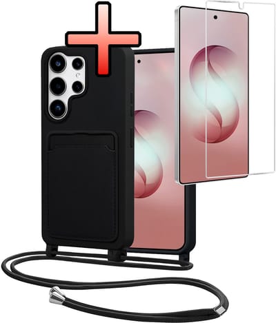 Hoes Geschikt voor Samsung S26 Ultra Met Telefoonkoord Met Screenprotector - Siliconen Hoesje Backcover Met Ketting - Zwart