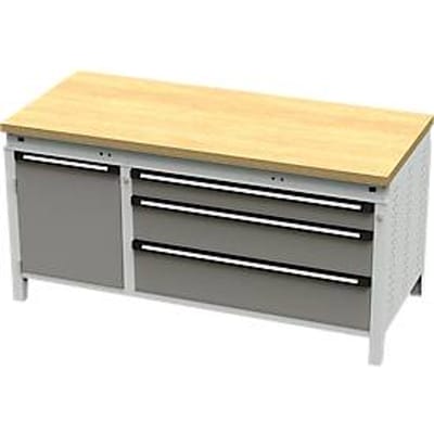 Otto Kind brede werkbank type 440, multiplexplaat van beukenhout, vlak af, tot 1400 kg, B 1697 x D 750 x H 850 mm, staal, centrale vergrendeling, lichtgrijs/stofgrijs