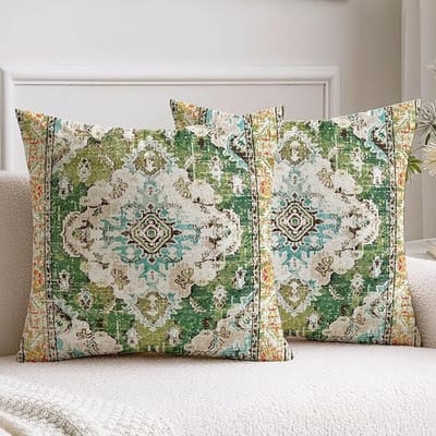Set van 2 fluwelen sierkussens, groen, 45x45 cm, retro abstract patroon