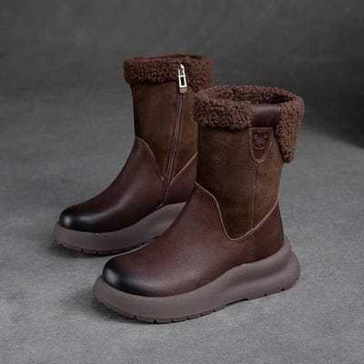 Sneeuwlaarzen Echt Leer Pluche Warm Effen Kleur Dikke Zool Dames Halve Kuit Korte Laarzen 35 black