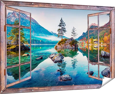 Gards Tuinposter Doorkijk Meer in de Bergen tijdens de Herfst - 180x120 cm - Tuindoek - Tuindecoratie - Wanddecoratie buiten - Tuinschilderij