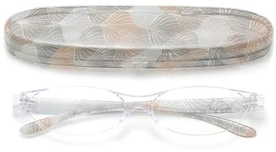 LISM-Damesleesbril met blauwlichtfilter, cat-eye model, retro bloemendesign, frameloos, anti-blauwlicht leesbril met beschermhoes, visueel hulpmiddel (1.0)