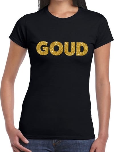 Bellatio Decorations feest t-shirt voor dames goud - glitter tekst - foute party/carnaval - zwart XS
