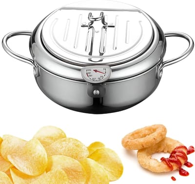 Diepe Friteuse Pot - Koekenpan met deksel - Thuis Frituren - Inclusief thermometer - 3.4L Capaciteit - Zilver