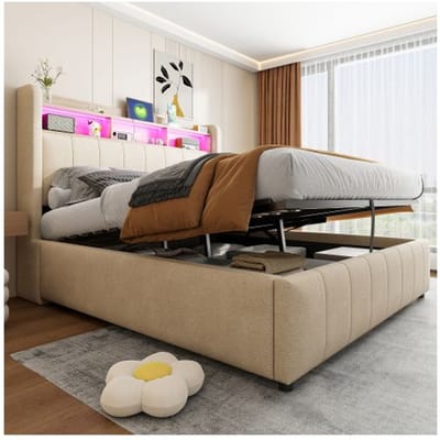 Gestoffeerd bed - MUVOE - 140x200 cm - LED-verlichting - USB-poort - Geïntegreerde opbergruimte