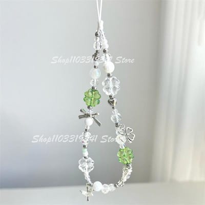 Koreaanse Schattige Groene Heldere Geluks Klaver Kralen Sleutelhanger Telefoon Bedel Ketting Riem Hanger Voor Telefoon Accessoires Tas Ophangkoord Cadeau gray