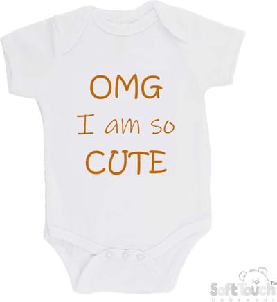 100% katoenen Romper "OMG I am so CUTE" Unisex Katoen Wit/tan Maat 62/68